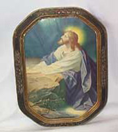 Jesus Praying Picture, Antique Framed Curved Glass